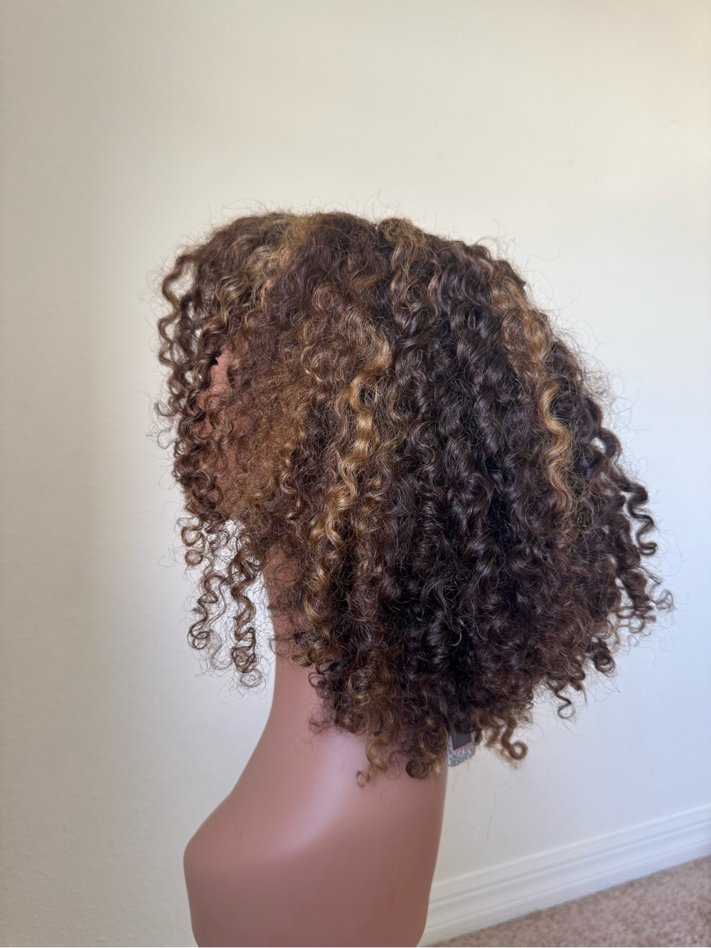 14 inch 13x4 human hair 220% Textured Curly Wig - Brown with Blonde Highlights